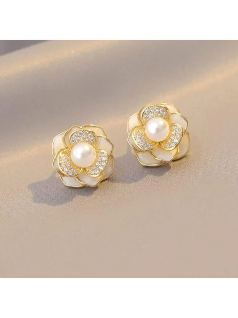Elegant Pearl Flower Stud Earrings - 14K Gold Plated, CZ Cubic Zirconia Jewelry